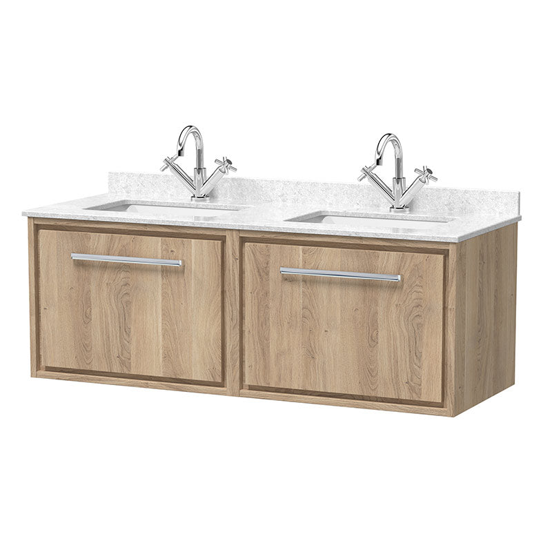 Hudson Reed Lille Wall Hung Single Drawer 1200mm Vanity with Marble Worktop & Double 1 tap hole Underslung Basins (1 size, 3 colours) - Brand New Bathrooms