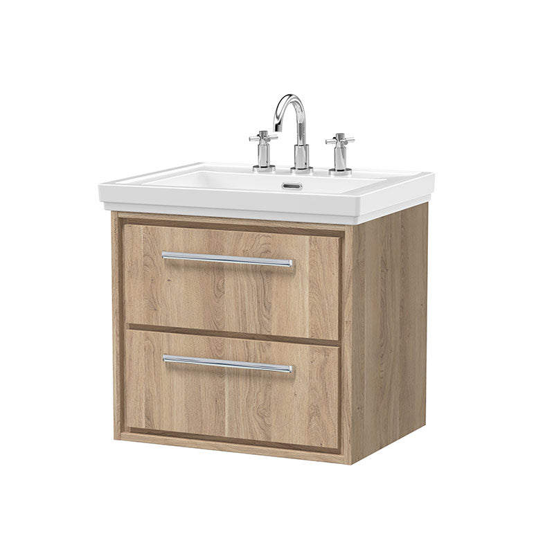 Hudson Reed Lille Wall Hung Double Drawer 600mm Vanity with 3 tap hole Fireclay Basin (1 size, 3 colours) - Brand New Bathrooms