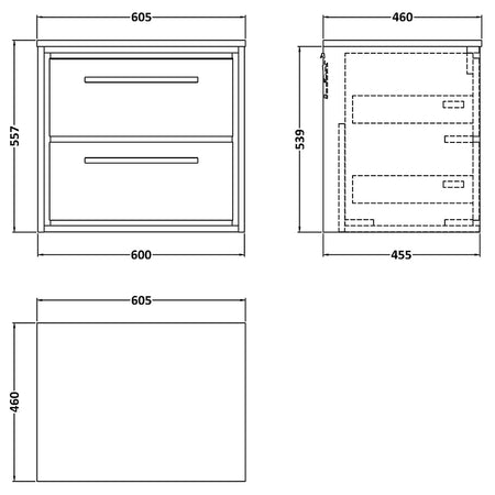 Hudson Reed Lille Wall Hung Four Drawer 600mm Vanity with Matching Worktop (1 size, 3 colours) - Brand New Bathrooms