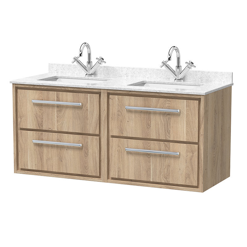Hudson Reed Lille Wall Hung Four Drawer 1200mm Vanity with Marble Worktop & Double Underslung 1 tap hole Basins (1 size, 3 colours) - Brand New Bathrooms