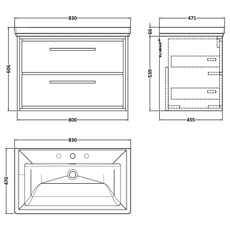 Hudson Reed Lille Wall Hung Double Drawer 800mm Vanity with 3 tap hole Fireclay Basin (1 size, 3 colours) - Brand New Bathrooms