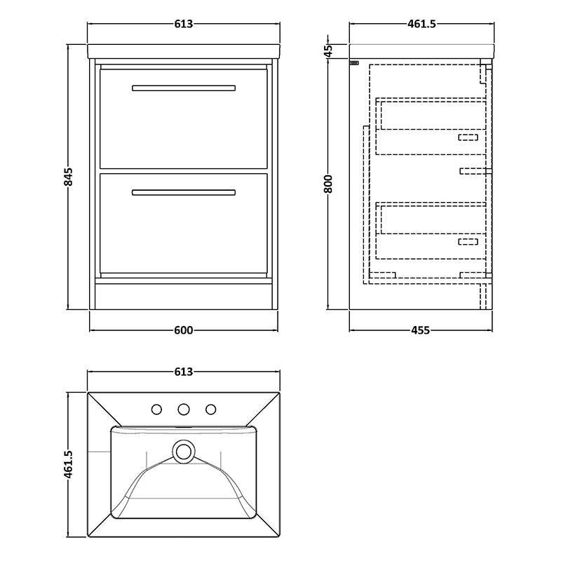 Hudson Reed Lille Floor Standing Double Drawer 600mm Vanity with 3 tap hole Fireclay Basin (1 size, 3 colours) - Brand New Bathrooms