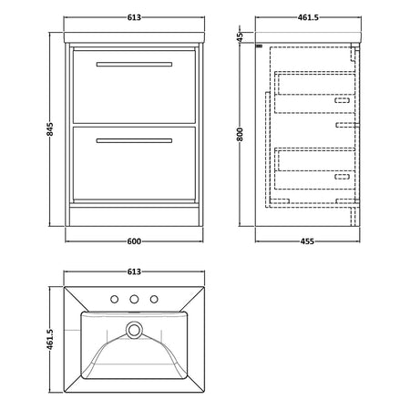Hudson Reed Lille Floor Standing Double Drawer 600mm Vanity with 3 tap hole Fireclay Basin (1 size, 3 colours) - Brand New Bathrooms