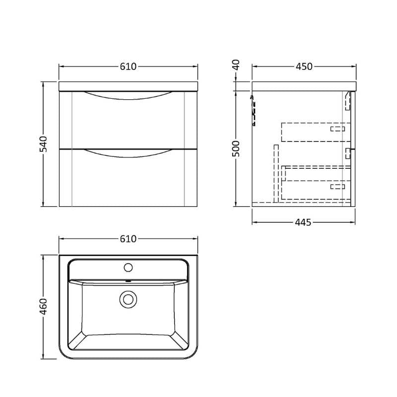 Nuie Lunar Wall Hung 2 Drawer Unit & Ceramic Basin (1 size, 5 colours) - Brand New Bathrooms