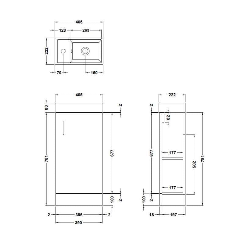 Nuie Vault Floor Standing Single Door Compact Vanity Unit with Ceramic Basin (2 sizes, 2 colours) - Brand New Bathrooms
