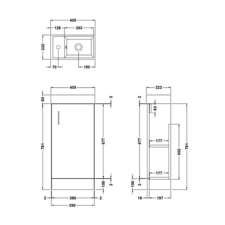 Nuie Vault Floor Standing Single Door Compact Vanity Unit with Ceramic Basin (2 sizes, 2 colours) - Brand New Bathrooms