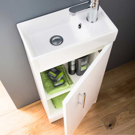 Nuie Vault Single Door Compact Vanity Unit with Ceramic Basin (2 size, Gloss White) - Brand New Bathrooms