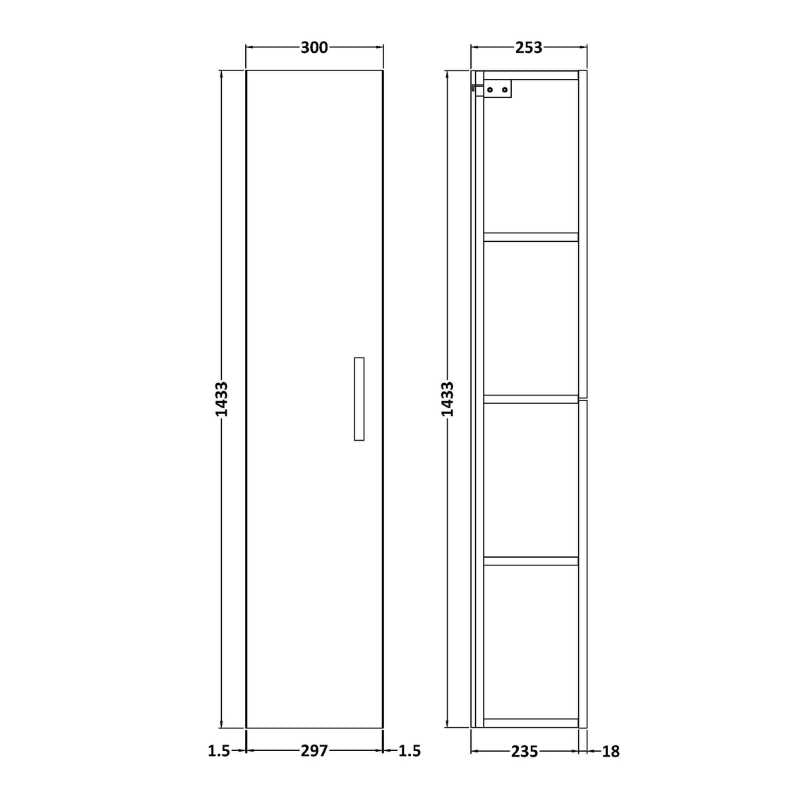 Nuie Athena Wall Hung Tall Unit 1 Door (2 sizes, 4 colours) - Brand New Bathrooms