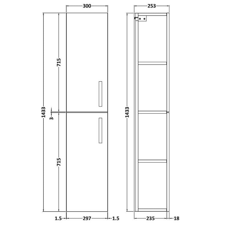 Nuie Athena Wall Hung Tall Unit 2 Door (2 sizes, 4 colours) - Brand New Bathrooms