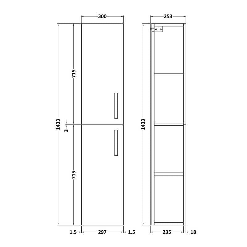 Nuie Athena Wall Hung Tall Unit 2 Door (2 sizes, 4 colours) - Brand New Bathrooms