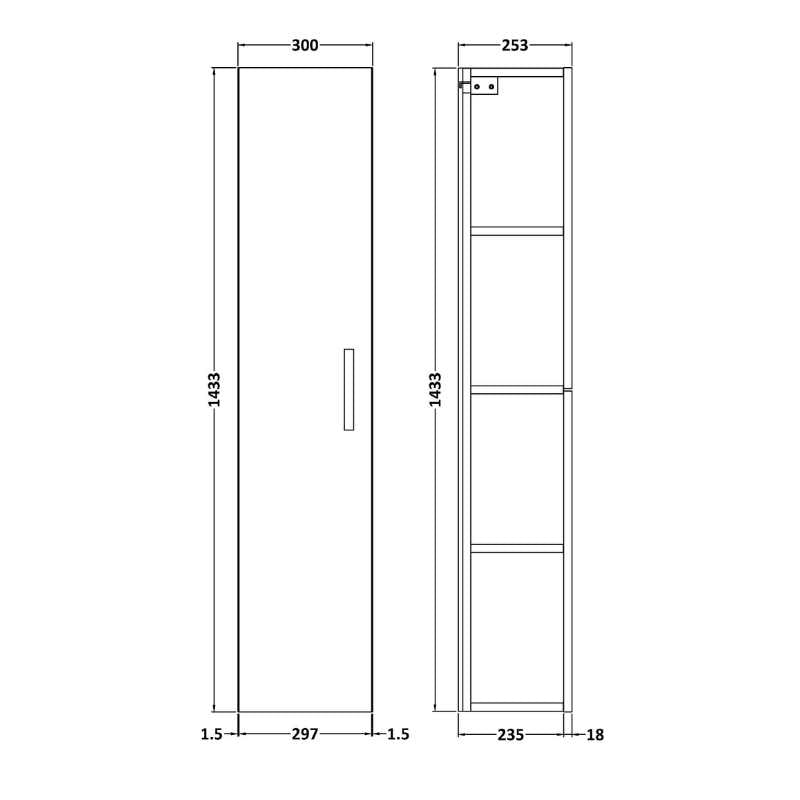 Nuie Arno Wall Hung 1 Door Tall Unit (1 size, 3 colours) - Brand New Bathrooms