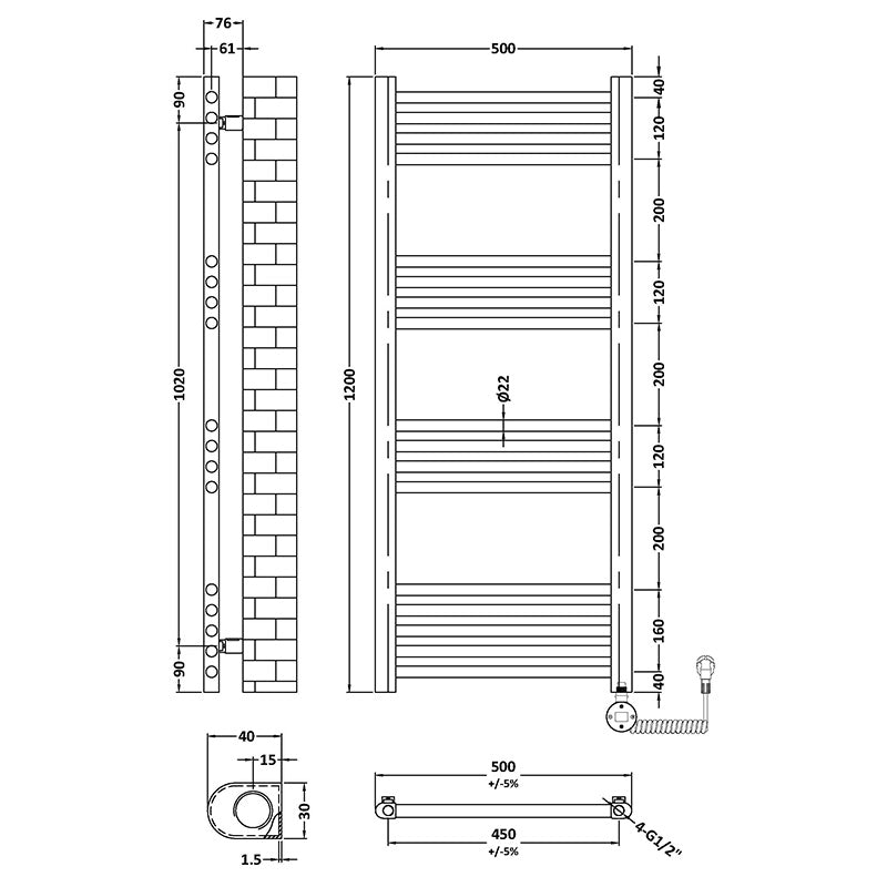 Nuie Electric Ladder Rails Electric Round Tube Towel Rail with 17 Bars (1 size, 4 colours) - Brand New Bathrooms