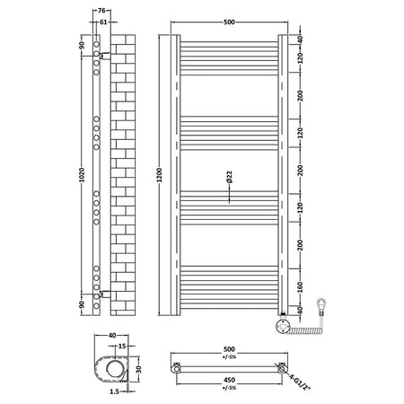 Nuie Electric Ladder Rails Electric Round Tube Towel Rail with 17 Bars (1 size, 4 colours) - Brand New Bathrooms