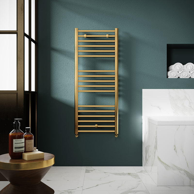 Nuie Lorica Straight Towel Radiator with Round Rails (2 sizes, Brushed Brass) - Brand New Bathrooms