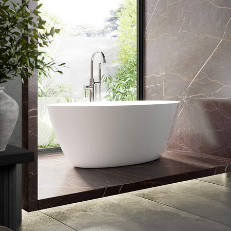 Nuie Freestanding Bath & Push Button Waste (White, 3 Shapes) - Brandnew Bathroom