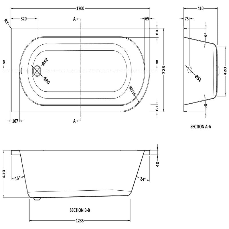 Nuie Crescent Back to Wall Corner Bath (2 styles, White) - Brand New Bathrooms