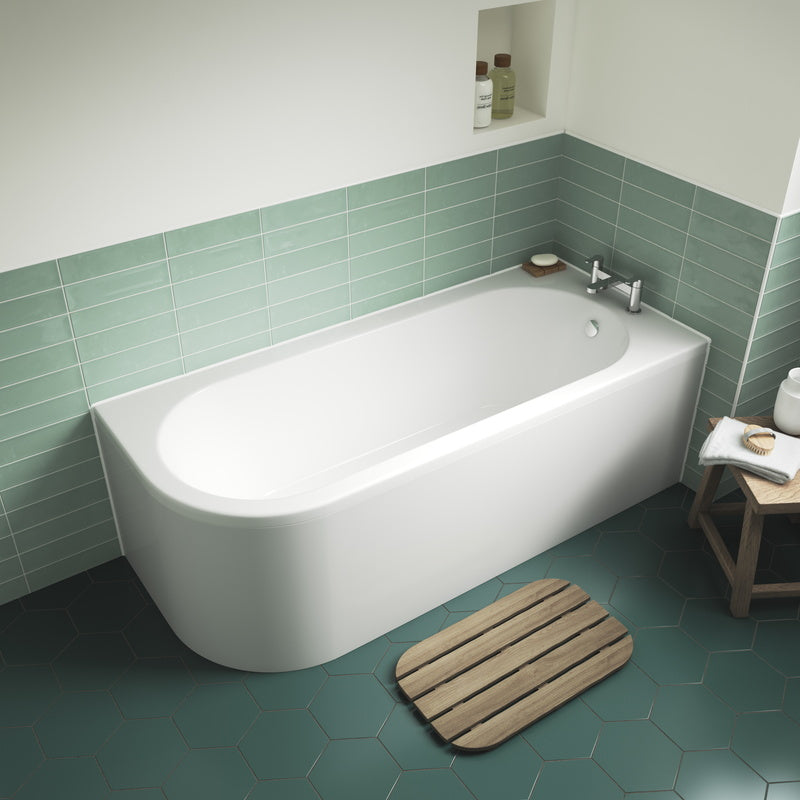 Nuie Crescent Back to Wall Corner Bath (2 styles, White) - Brand New Bathrooms
