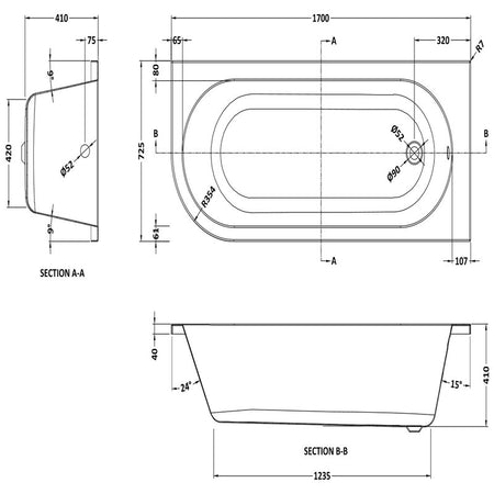 Nuie Crescent Back to Wall Corner Bath (2 styles, White) - Brand New Bathrooms