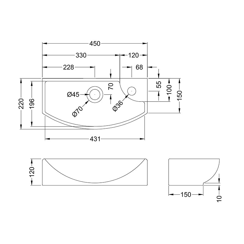 Nuie Juno Compact Curved Ceramic Basin 1 Tap Hole (2 styles, 1 size, White) - Brand New Bathrooms