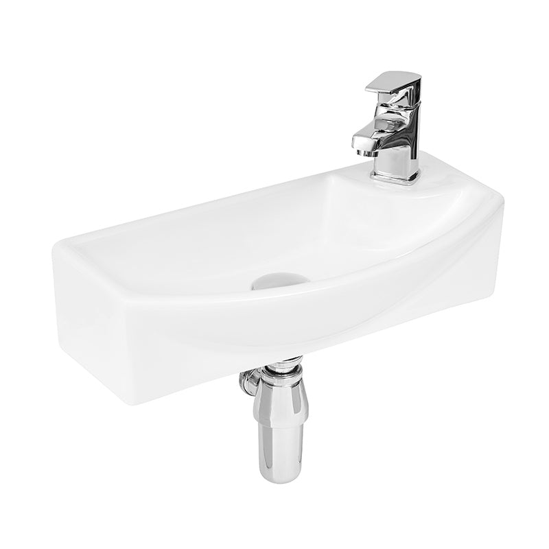 Nuie Juno Compact Curved Ceramic Basin 1 Tap Hole (2 styles, 1 size, White) - Brand New Bathrooms