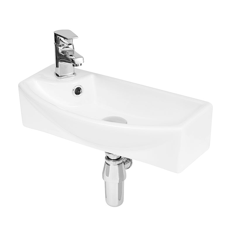 Nuie Juno Compact Curved Ceramic Basin 1 Tap Hole (2 styles, 1 size, White) - Brand New Bathrooms