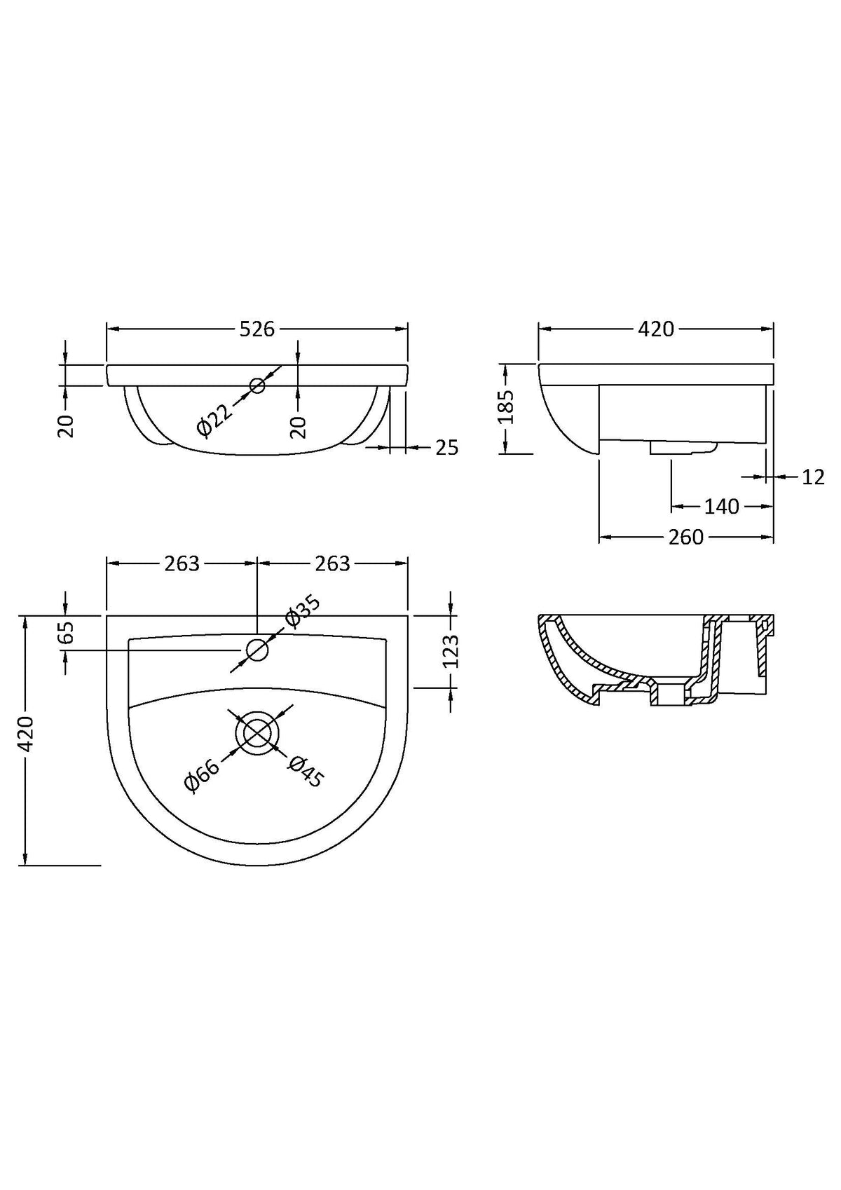 Hudson Reed Fusion Fitted Round 1 tap hole Semi Recessed 500mm Ceramic Basin (1 size, White) - Brand New Bathrooms