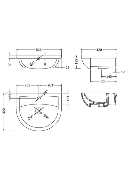 Hudson Reed Fusion Fitted Round 1 tap hole Semi Recessed 500mm Ceramic Basin (1 size, White) - Brand New Bathrooms