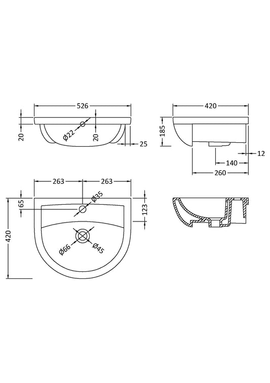Hudson Reed Fusion Fitted Round 1 tap hole Semi Recessed 500mm Ceramic Basin (1 size, White) - Brand New Bathrooms