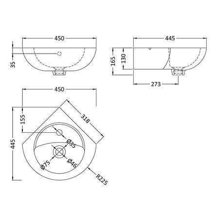 Nuie Melbourne Corner Wall Hung Basin (1 size, White) - Brand New Bathrooms