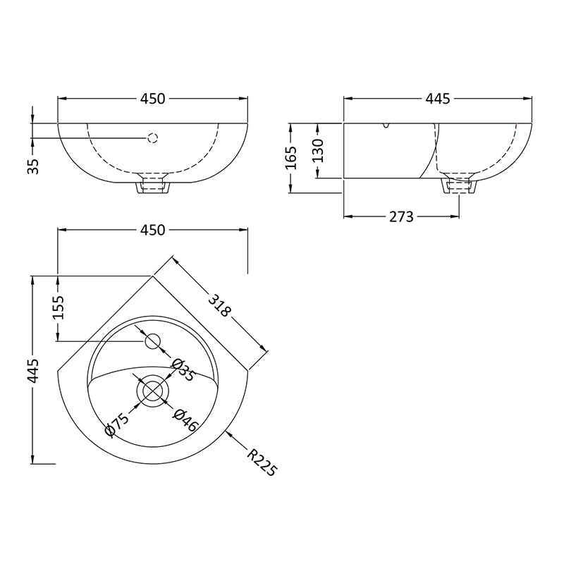 Nuie Melbourne Corner Wall Hung Basin (1 size, White) - Brand New Bathrooms