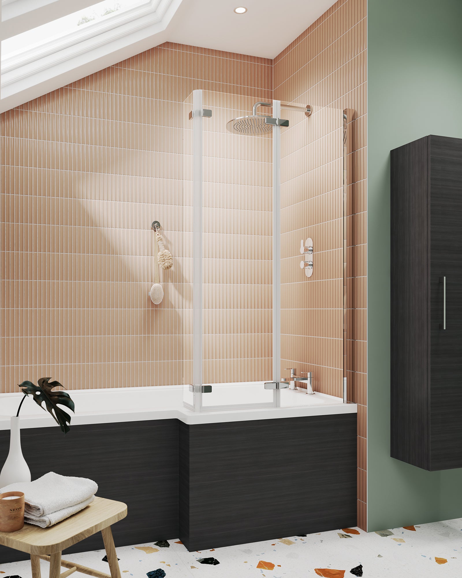 Brand New Bathrooms - Nuie L-Shaped Bath Screen Hinged (2 style, Chrome)