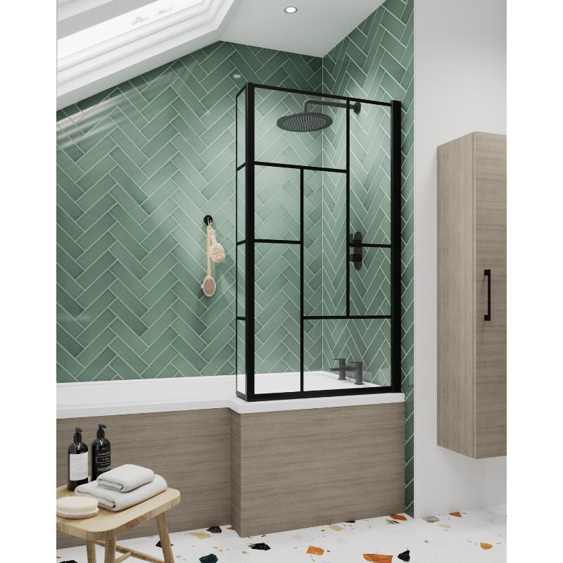 Nuie L-Shaped Abstract Bath Screen with Fixed Return (1 Size, Black) - Brandnew Bathroom