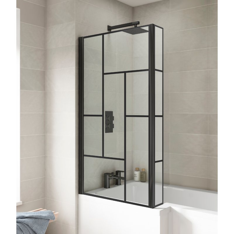 Nuie L-Shaped Abstract Bath Screen with Fixed Return (1 Size, Black) - Brandnew Bathroom