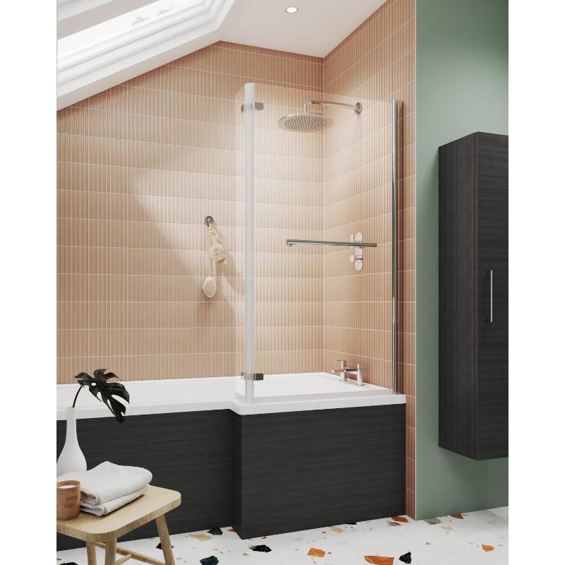 Nuie L-Shaped Bath Screen Hinged With Rail  (1 size, Chrome) - Brandnew Bathroom