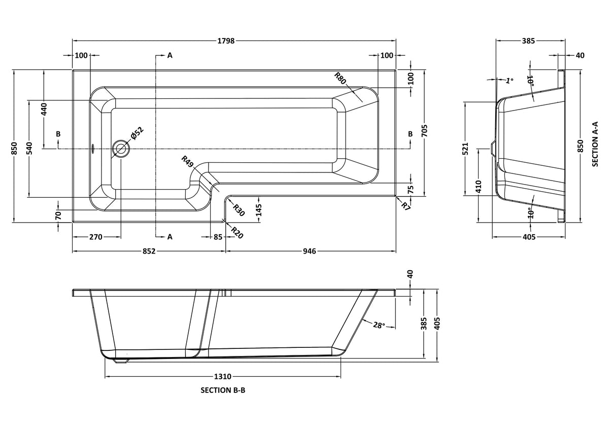 Brand New Bathrooms - Nuie Square Shower Bath(2 sides, White)