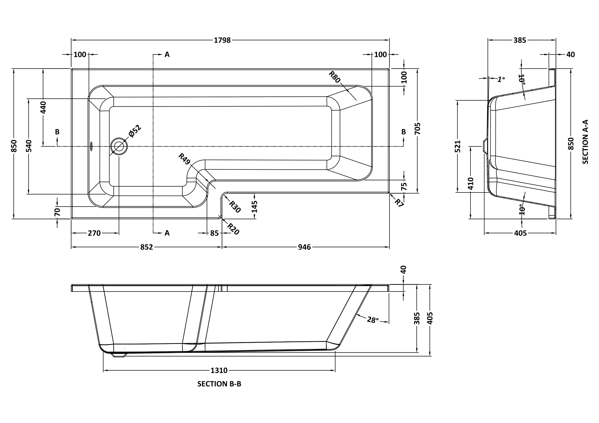 Brand New Bathrooms - Nuie Square Shower Bath(2 sides, White)