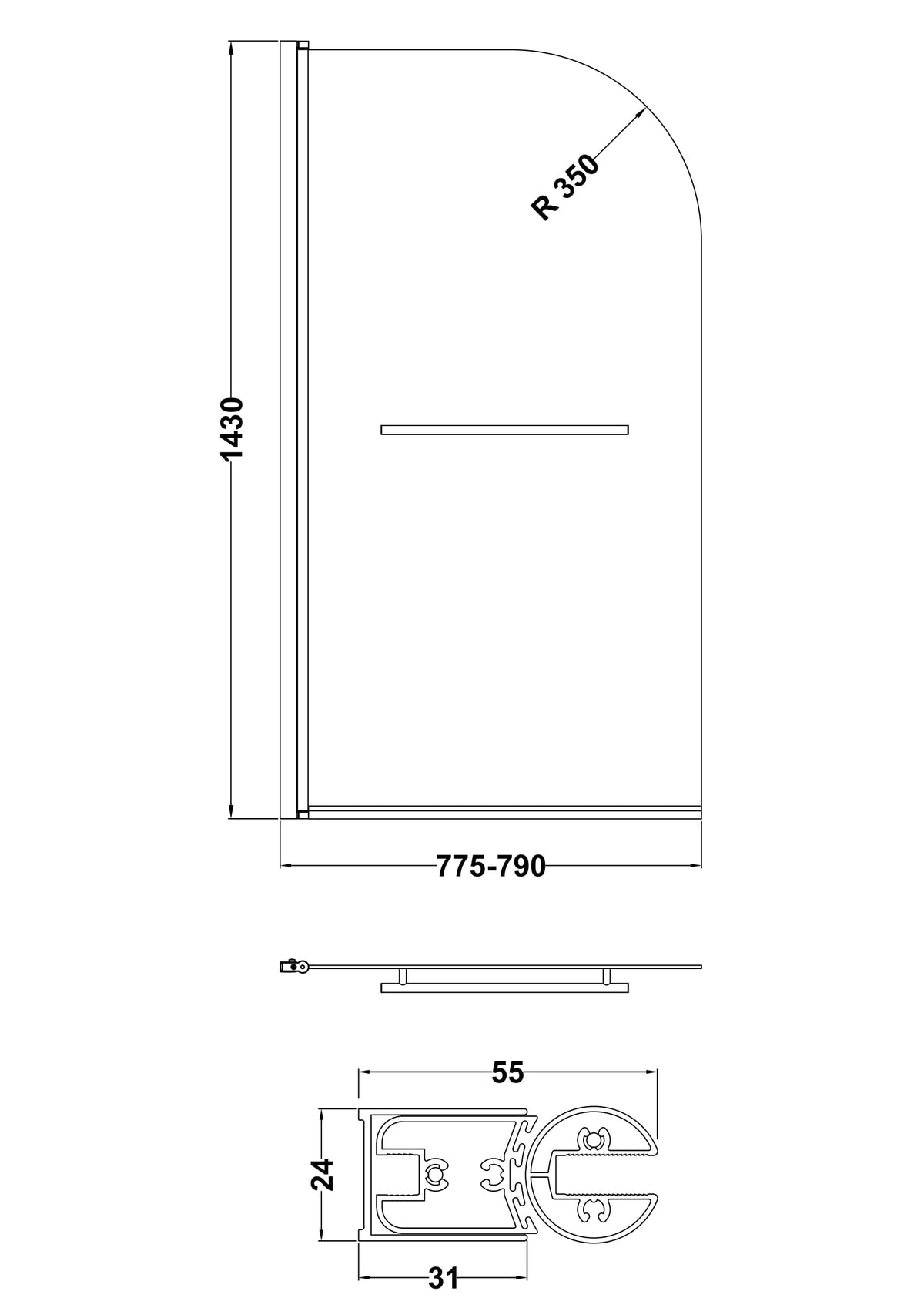 Brand New Bathrooms - Nuie Round Bath Screen With Rail (2 size, Chrome)