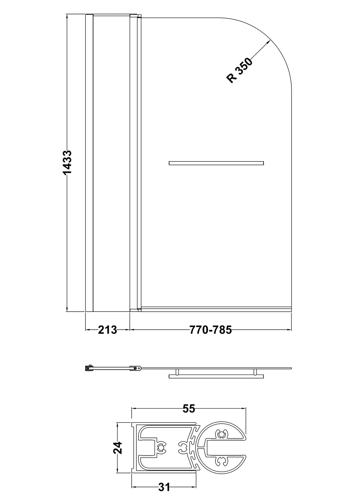 Brand New Bathrooms - Nuie Round Bath Screen With Rail (2 size, Chrome)