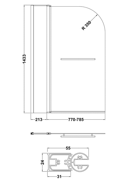 Brand New Bathrooms - Nuie Round Bath Screen With Rail (2 size, Chrome)