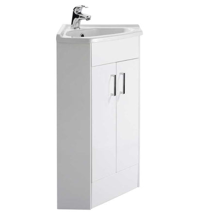 Nuie Mayford Floor Standing 2 Door Corner Vanity Unit with Ceramic Basin (1 size, Gloss White) - Brand New Bathrooms