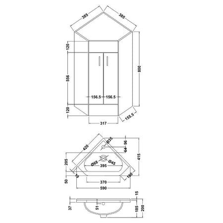 Nuie Mayford Floor Standing Single Door Corner Vanity Unit with Ceramic Basin (1 size, Gloss White) - Brand New Bathrooms
