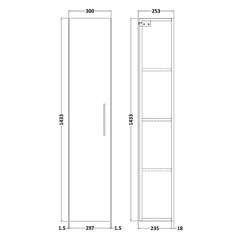Nuie Arno Tall Unit 1 Door (3 sizes, 5 colours) - Brand New Bathrooms