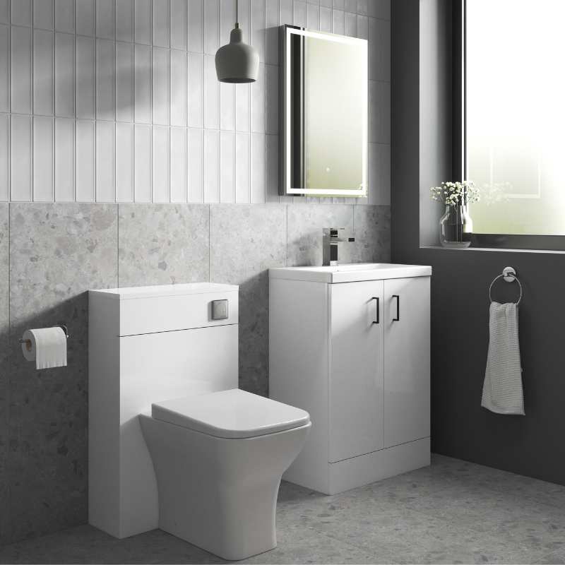 Nuie Arno Compact Floor Standing 2-Door Vanity & Ceramic Basin (2 sizes, Gloss White) - Brand New Bathrooms