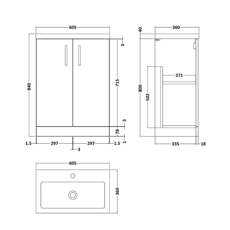 Nuie Arno Compact Floor Standing 2 Door Vanity & Polymarble Basin (2 sizes, 2 colours) - Brand New Bathrooms