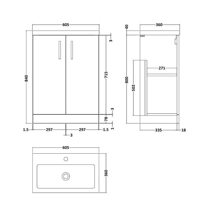 Nuie Arno Floor Standing 2-Door Vanity & Polymarble Basin (2 sizes, 8 colours) - Brand New Bathrooms