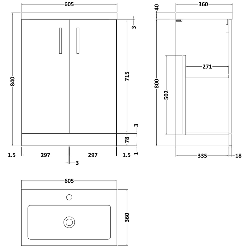 Nuie Arno Compact Floor Standing  Double Door 500/600mm Vanity & Polymarble Basin (2 sizes, Midnight Blue) - Brand New Bathrooms