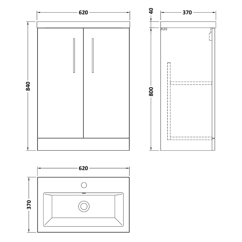 Dimensions of a bathroom vanity with sink and cabinet