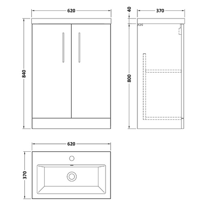 Dimensions of a bathroom vanity with sink and cabinet