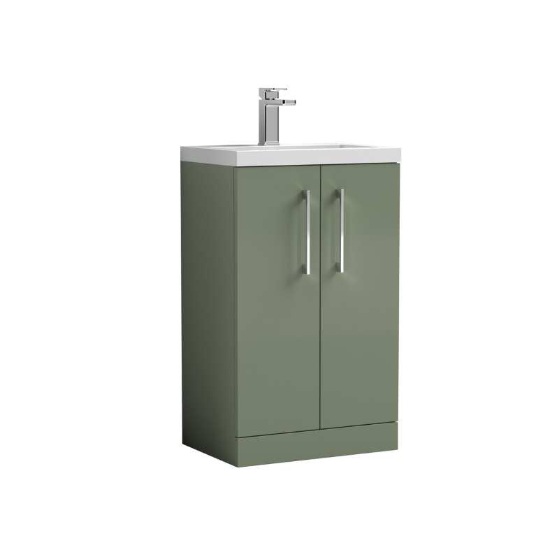 Nuie Arno Compact Floor Standing 2-Door Vanity & Polymarble Basin (2 sizes, Satin Green) - Brand New Bathrooms