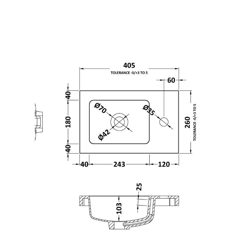 Technical drawing of a mechanical component with dimensions and tolerances